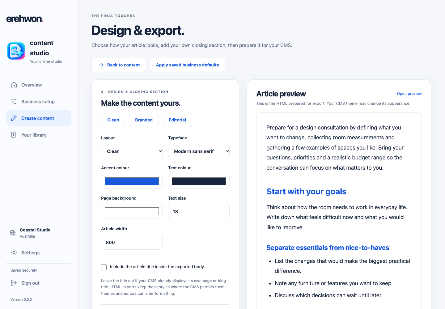 Design and export controls for colours, typography, closing sections, FAQs and schema