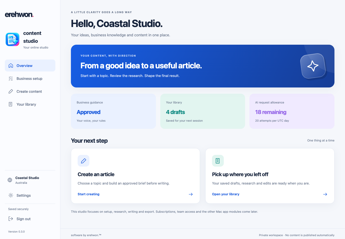 content studio with its star icon, business guidance and saved articles